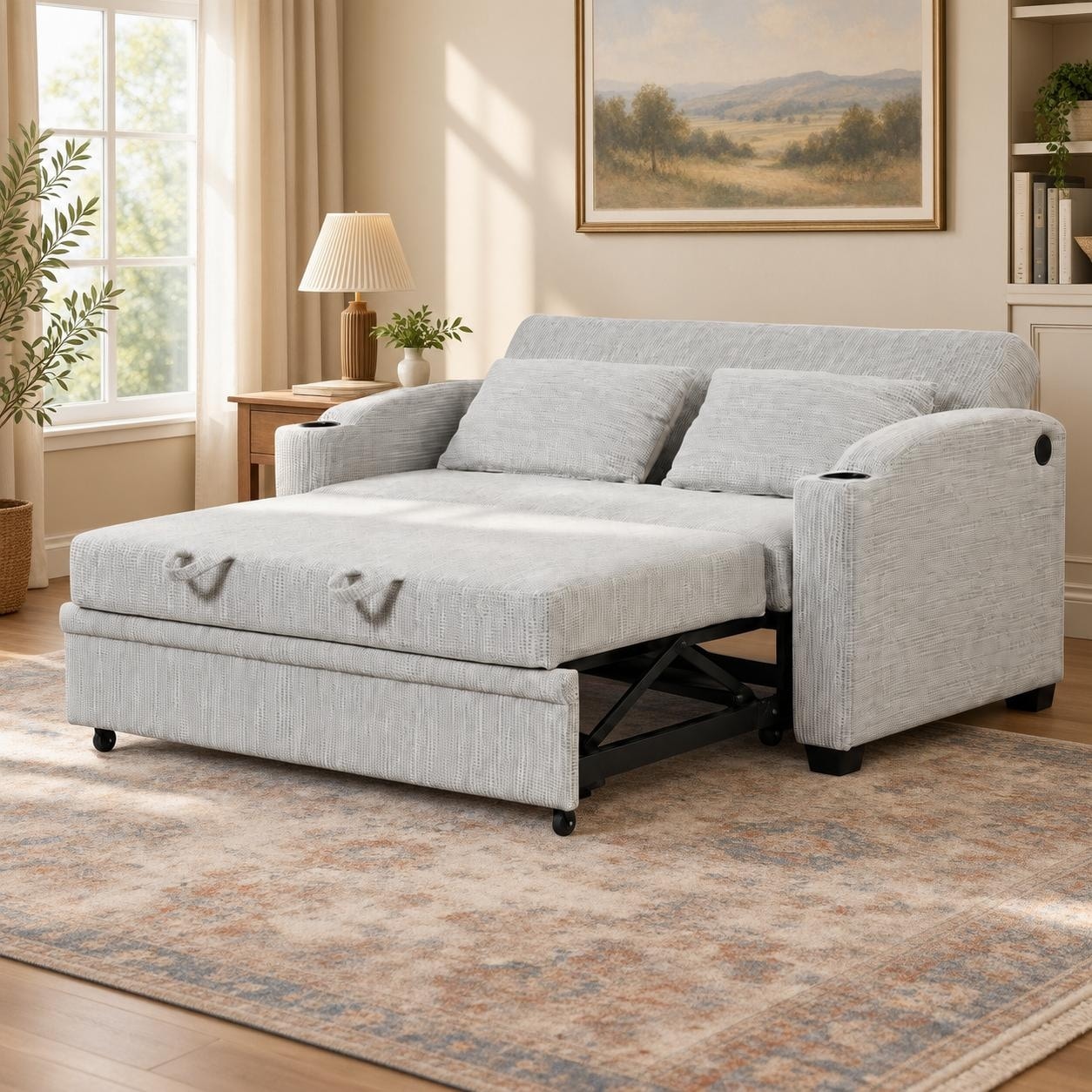 Chenille Convertible Loveseat Sofa Bed with Adjustable Backrest, USB Ports, and Cup Holders
