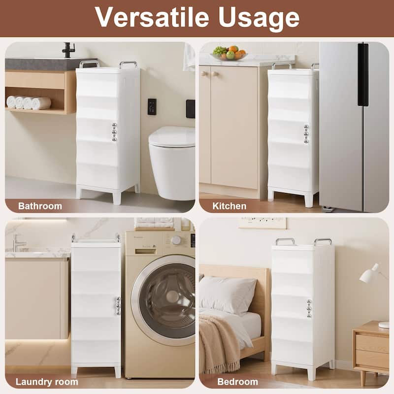 VECELO White Waterproof Plastic Bathroom Storage Cabinet with Adjustable Shelves Space Saving Narrow Cabinet with Handles