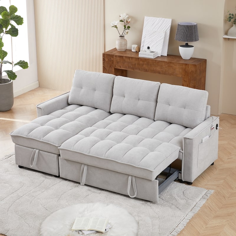 78.75" Reclining Pull-Out L-Shaped Sectional Sofa with USB, Storage, Pocket, LIGHT GREY Chenille