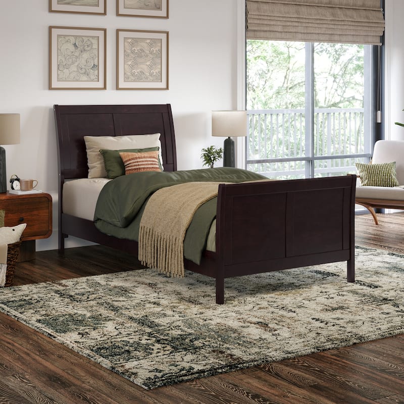 Valencia Solid Wood Low Profile Sleigh Platform Bed with Matching Footboard - Espresso - Twin XL
