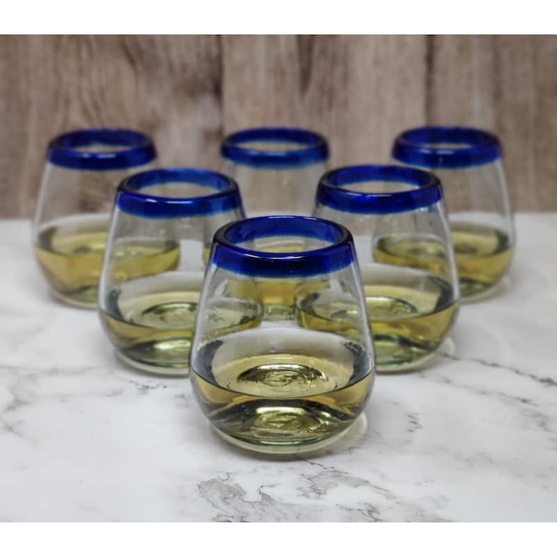 Hand Blown Mexican Stemless Wine Glasses - Set of 6 Glasses with Cobalt Blue Rims (15 oz)