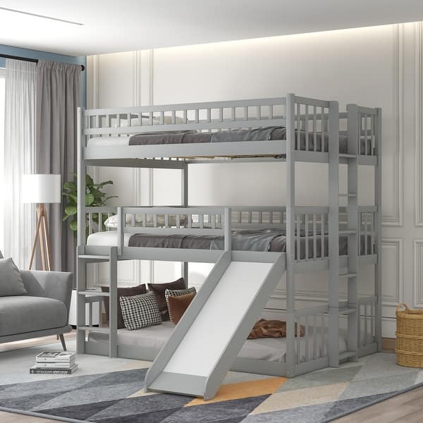 slide 2 of 27, Triple Full-over-Full Bunk Bed with Built-In Ladder and Slide, Guardrail Gray