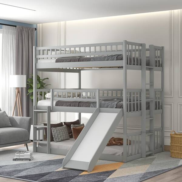 slide 2 of 43, Versatility Full-Over-Full-Over-Full Triple Bunk Kids Bed with Built-in Ladder,Guardrails and Slide Grey