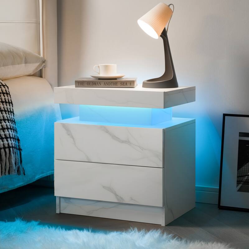 Modern LED Nightstand with Adjustable Lights and 2 Storage Drawers, White Stone