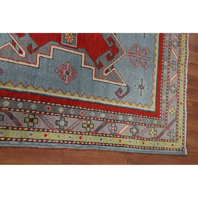 Light Blue Geometric Kazak Foyer Rug Hand-Knotted Wool Carpet - 3'6" x 5'3"
