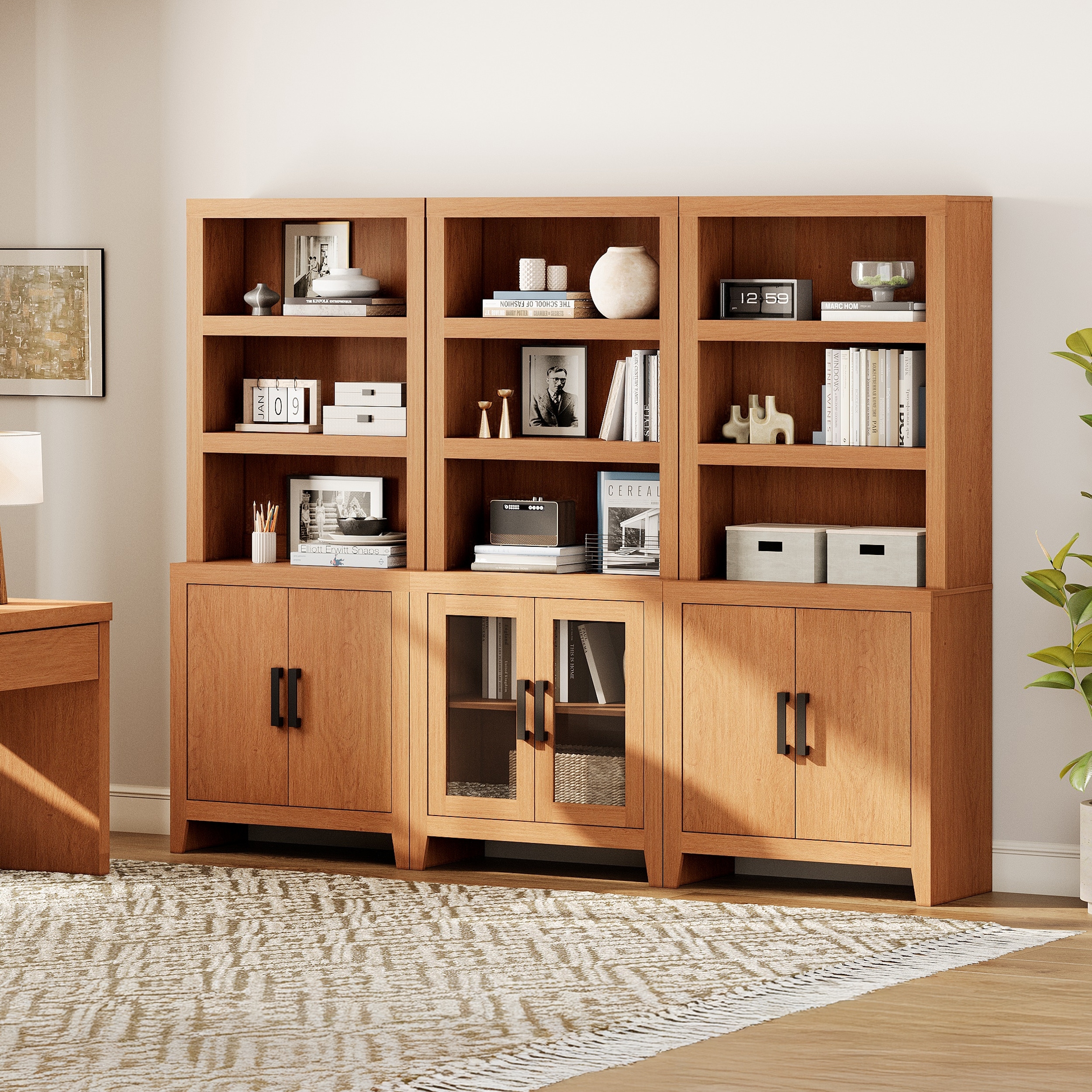 WAMPAT Tall Bookshelf with Doors, Farmhouse Bookcase with Open Shelves for Living Room & Home Office