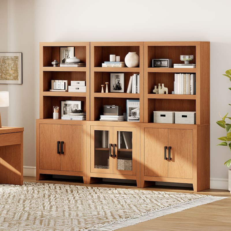 WAMPAT Tall Bookshelf with Doors, Farmhouse Bookcase with Open Shelves for Living Room & Home Office - Mocha