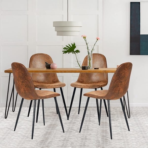 slide 3 of 6, Set of 4 Scandinavian dining room chairs Armchair living room Retro Vintage black metal foot in Brown Suede - N/A Brown