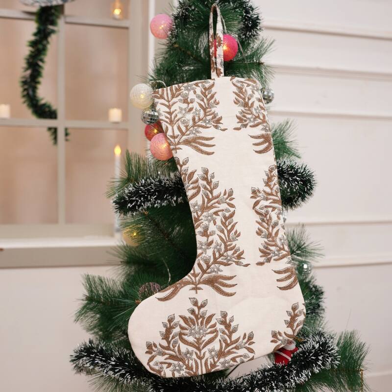 Fabdivine Handmade Christmas Stocking Floral Block Print 10X4.5 Inch Tassel Loop for Home Décor - 10"X4.5"