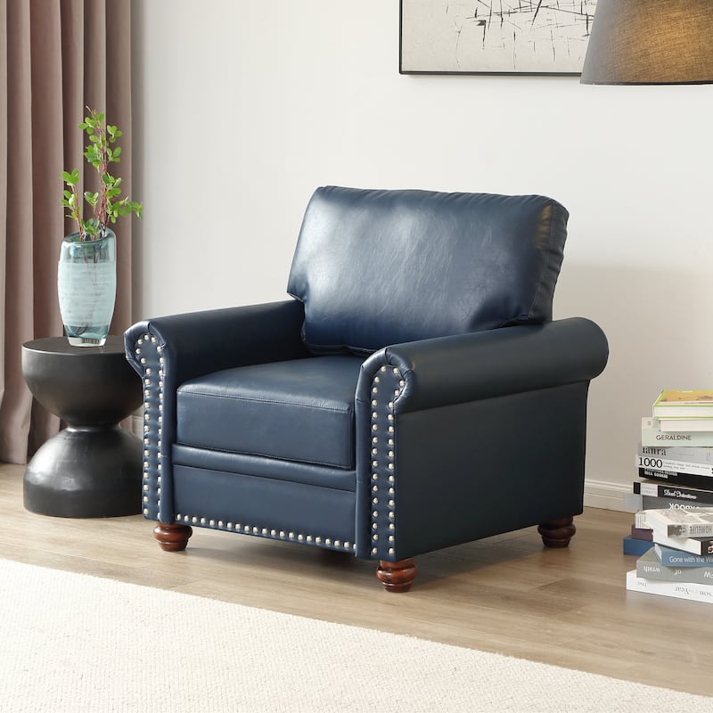 Faux Leather Single Seat Sofa: Chair with Solid Wood Support - Navy Blue