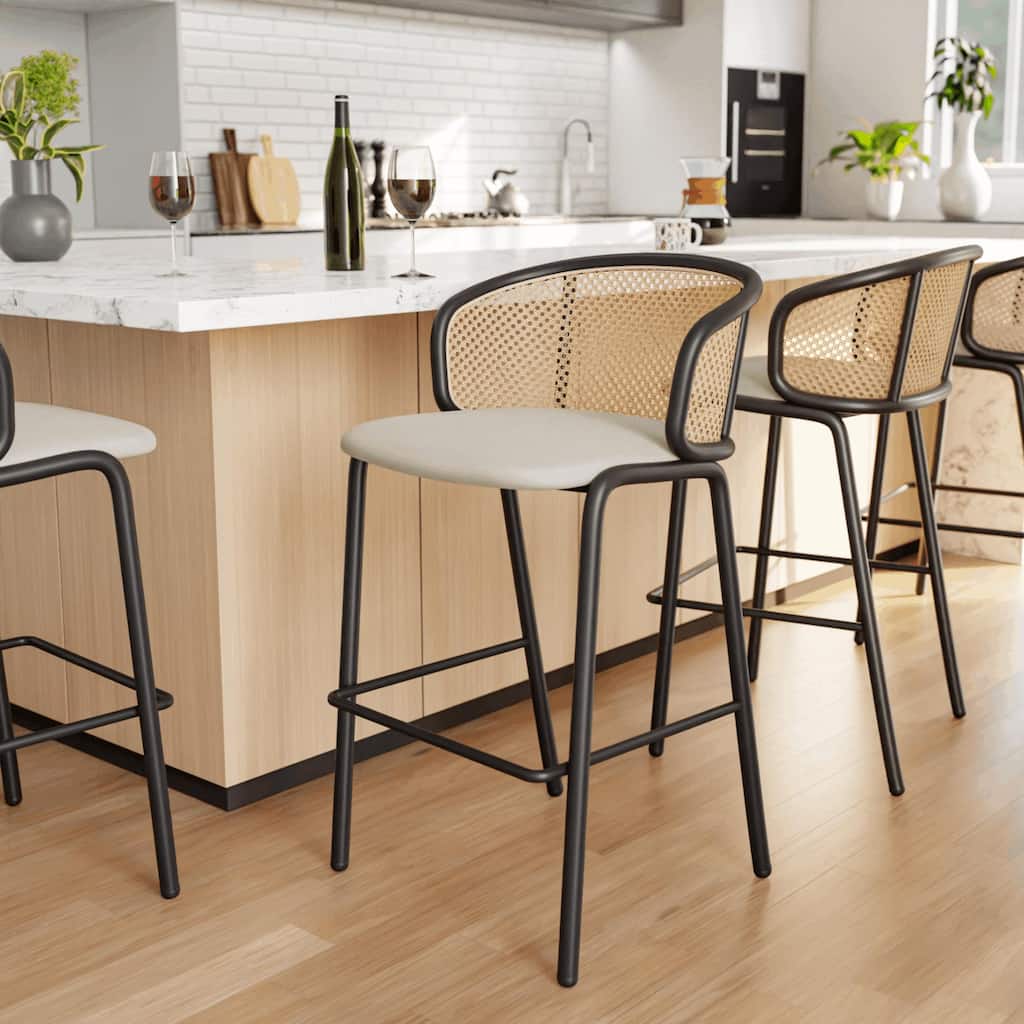 Ervilla Mid-Century Modern Low-Back Wicker Bar Stool and Black Powder-Coated Steel Frame for Kitchen and Dining (Set of 2) - 37"
