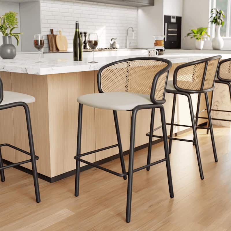 Ervilla Mid-Century Modern Low-Back Wicker Bar Stool and Black Powder-Coated Steel Frame for Kitchen and Dining (Set of 2) - 37"
