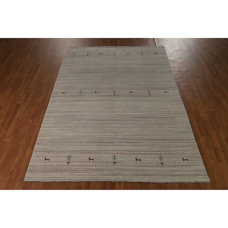 Hand Knotted Oriental 100% Wool Carpet Tribal Animal Pictorial Beige & Ivories Gabbeh Area Rug - 8' 10'' X 6' 1''
