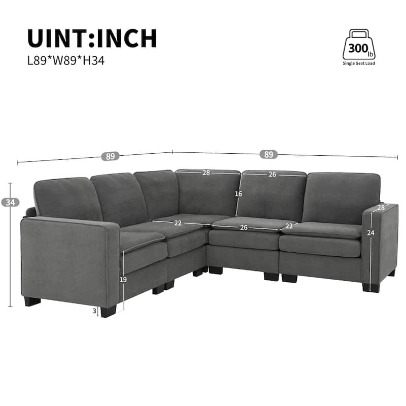 89" Oversized Velvet Modern L Shaped Sectional Sofa w/ Double Cushions - Grey