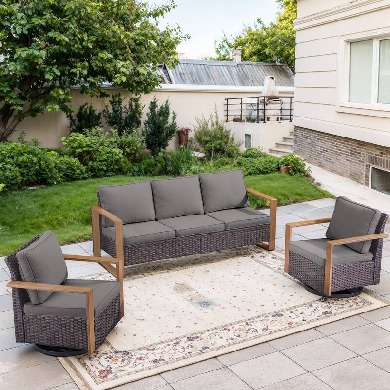 Gymojoy Outdoor Wicker Patio Furniture Sofa Set - 3-Piece Sofa Set - Swivel Chairs - Brown Wicker / Grey Cusion