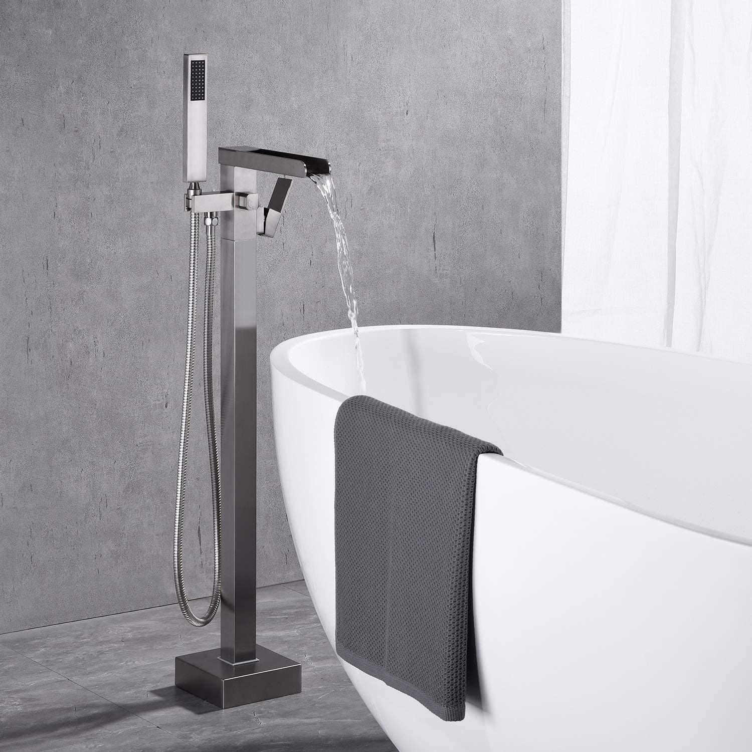Bathroom Freestanding Waterfall Tub filler Matte Black Floor Mount Faucet with Hand Shower