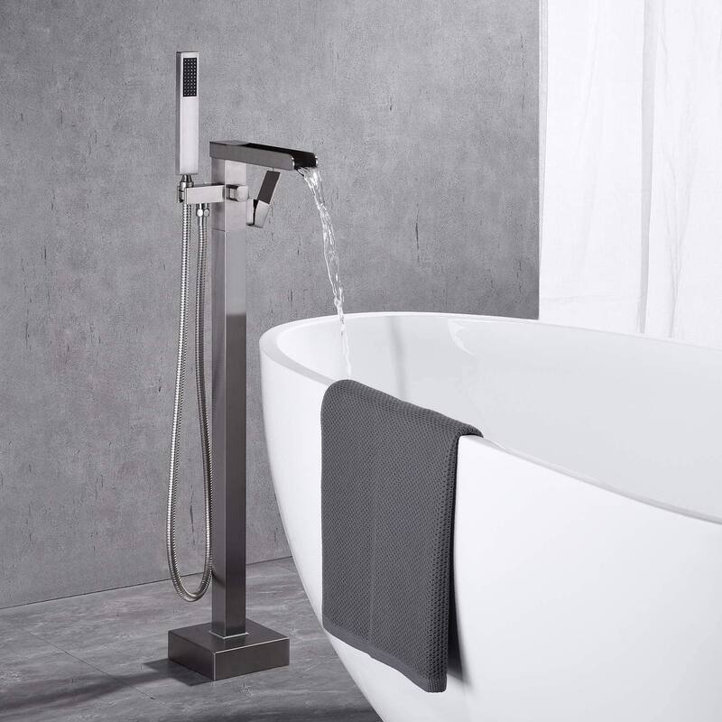 Single Handle Floor Mounted Freestanding Tub Filler with Hand Shower - Brushed Nickel