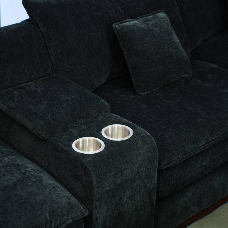 Modular U-shaped Sectional Sofa with Chaise, Chenille Upholstered Couch, Armrest Console with Cup Holders and Hidden Storage