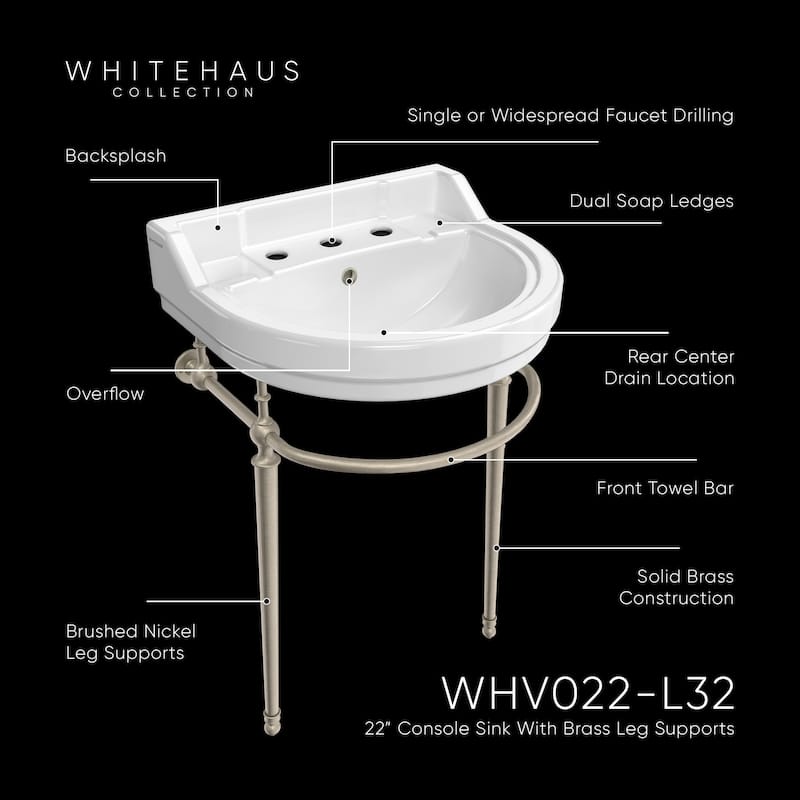 Whitehaus Console Sink With Semi-Circular Bowl, Metal Leg Supports and Front Towel Bar.