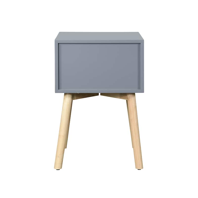 Nightstand with Double Drawers and Rubber Wood Legs, Mid-Century Modern Design