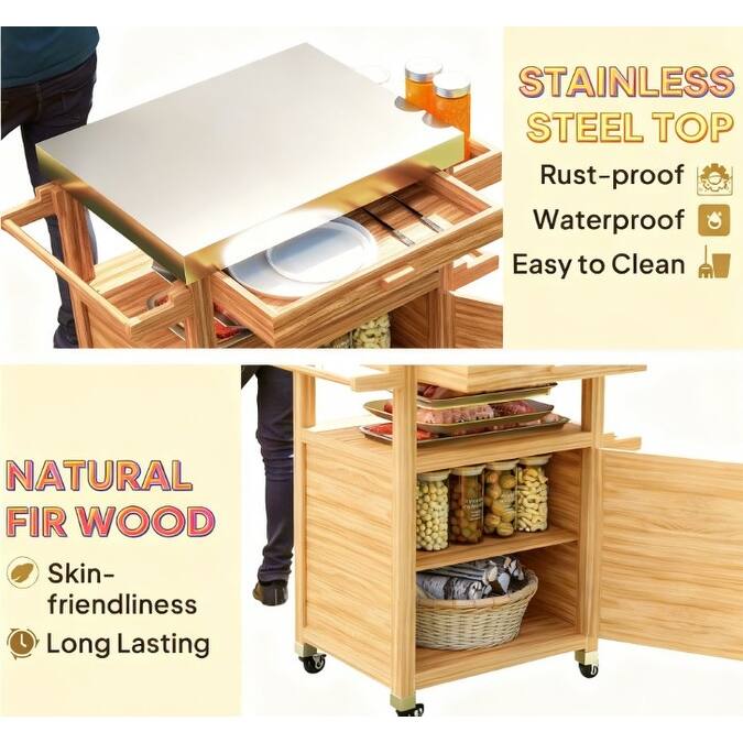 GDFStudio Outdoor Lysandros Fir-Wood Grill Cart with Stainless Steel Top and Organized Storage
