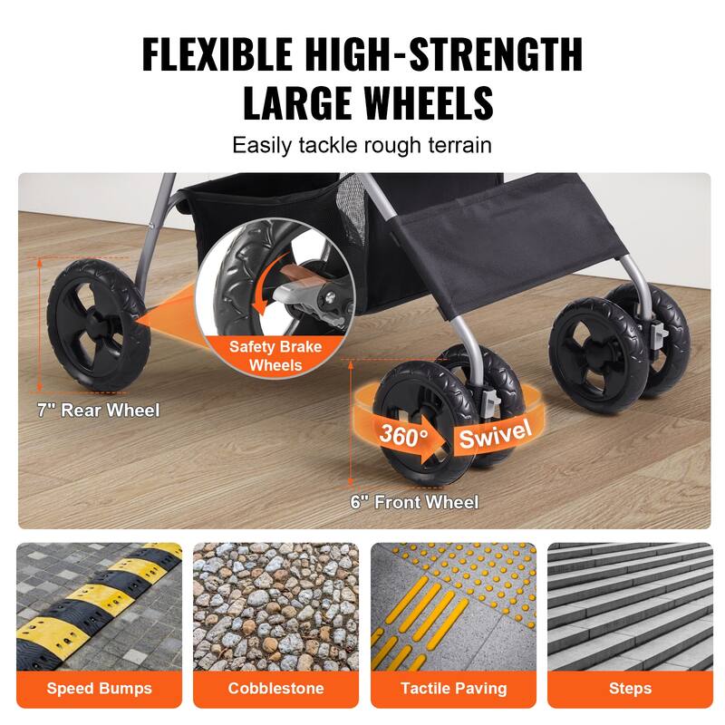 Pet Stroller with Breathable Mesh Windows and Height-Adjustable Height