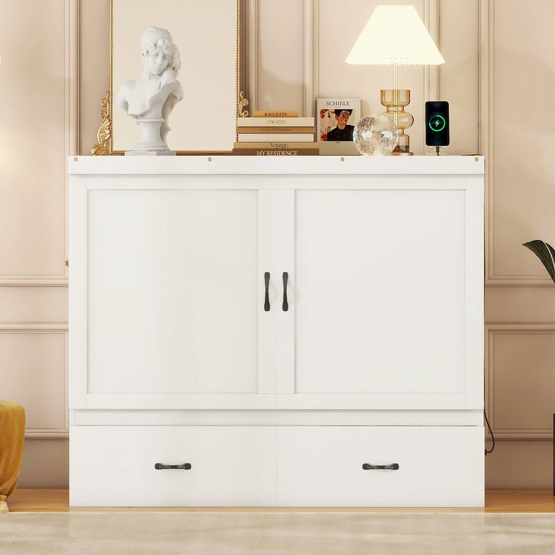 Murphy Bed with USB Port and a Large Drawer,Queen/Full Size - White - Full