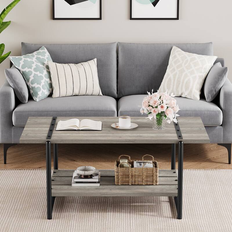 2-Tier Farmhouse 41'' Large Gray Wood Coffee Table