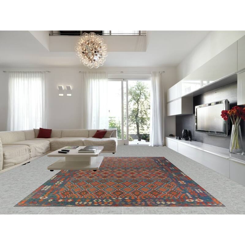 Reversible Blue Kilim Oriental Large Rug Flatweave Wool Carpet - 10'0"x 15'9"