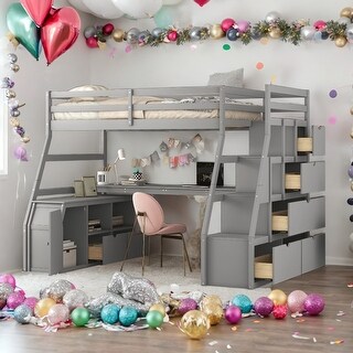 Twin Size Loft Bed With 7 Drawers,2 Shelves and Desk for Home