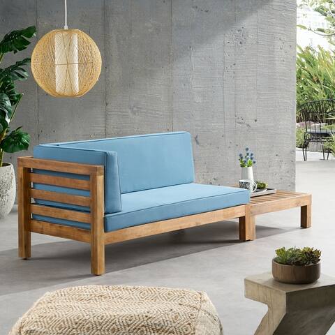 Oana Outdoor Acacia Wood Left Arm Loveseat and Coffee Table Set with Cushion by Christopher Knight Home