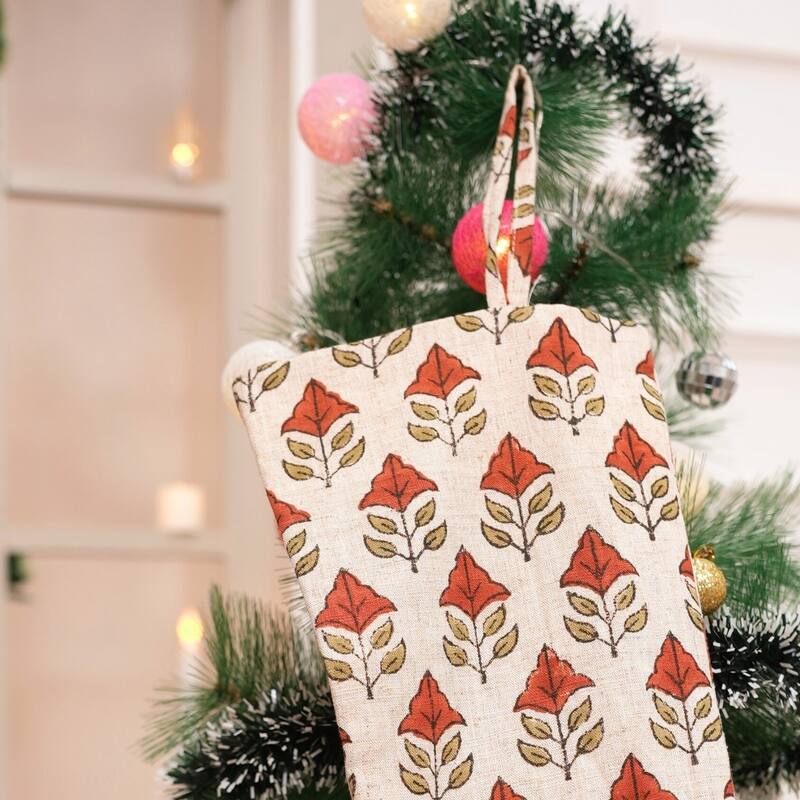 Fabdivine 16x6.5 Inches Hand Floral Block Print Christmas Stockings Tassle and Loop Perfect for Gift - 16"X6.5" - Mayur- Red, Olive Green - Christmas Stockings