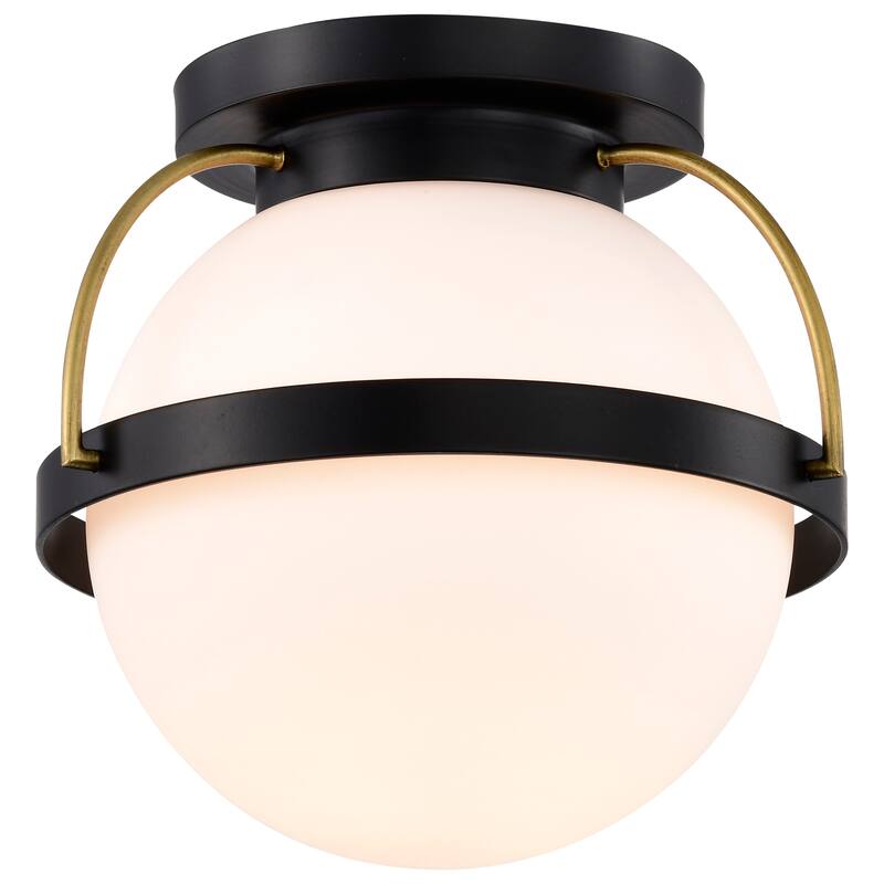 Lakeshore 1 Light Small Flush - Matte Black & Natural Brass Finish - White Opal Glass