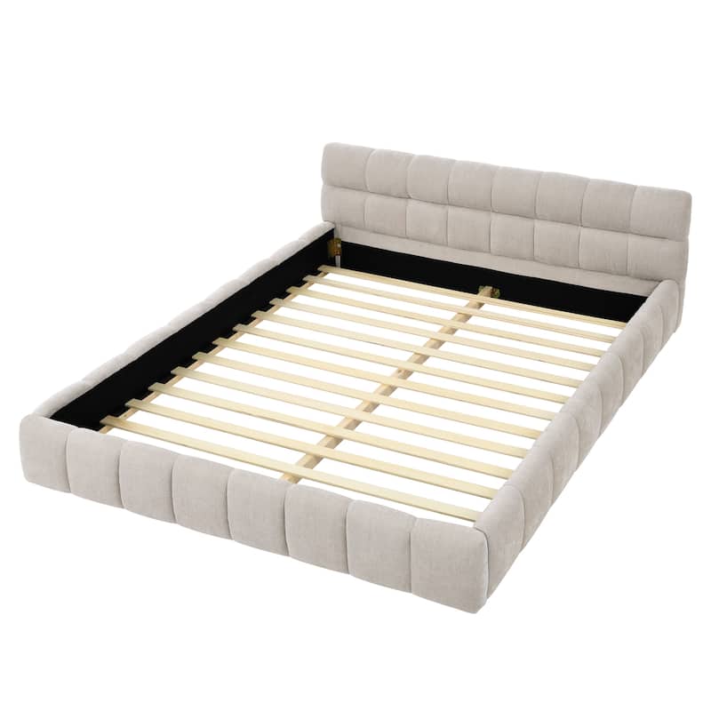 Chenille Fabric Grounded Queen Size Platform Bed with Headboard and Solid Frame