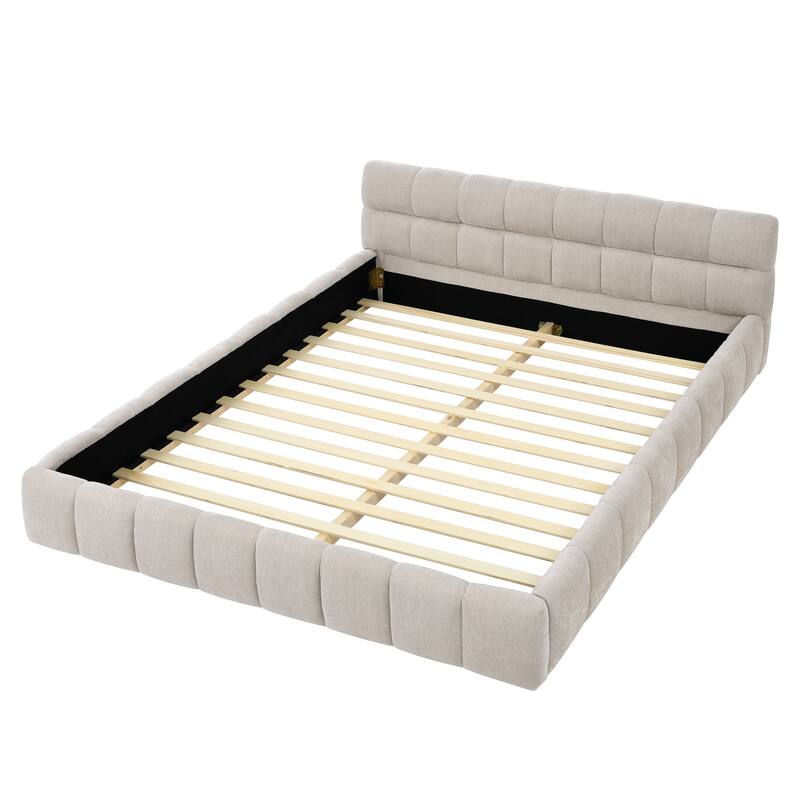 Queen Size Upholstered Bed Frame with Thick Fabric, Chenille Fabric Grounded Queen Platform Bed with Headboard and Solid Frame