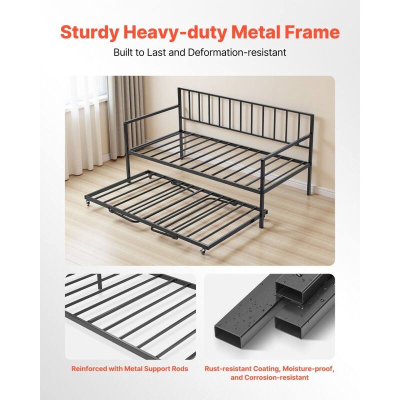 Twin Size Black LED Color Lighting Metal Daybed with Trundle USB and Type-C Ports