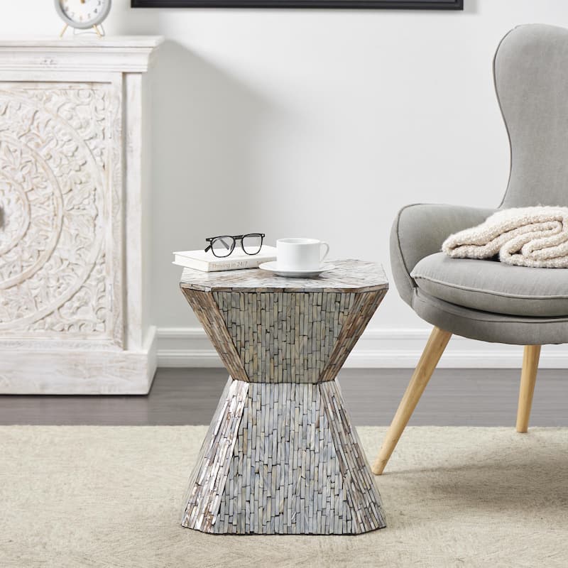 Mother of Pearl Shell Geometric Handmade Hourglass Side End Accent Table with Linear Mosaic Pattern - Gray - Roche River Decor