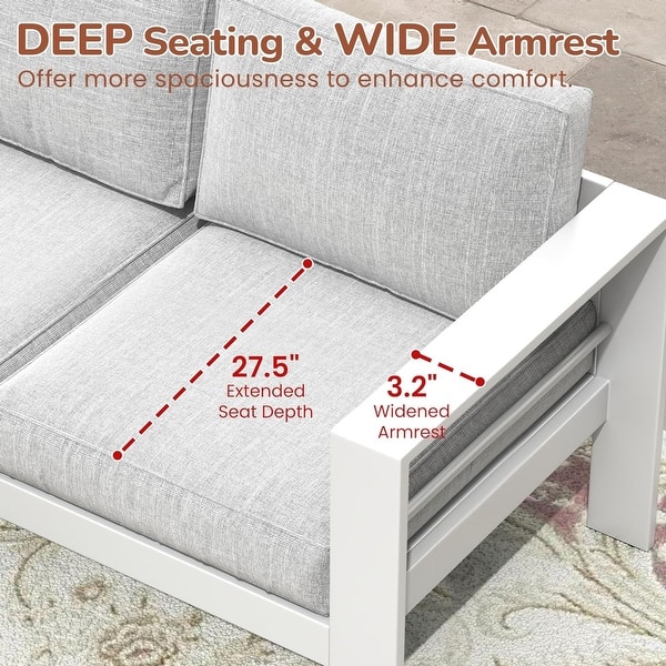 dimension image slide 3 of 6, 3-Seater Outdoor Couch with Plush Cushions, Broad Armrests and Contoured Backrests