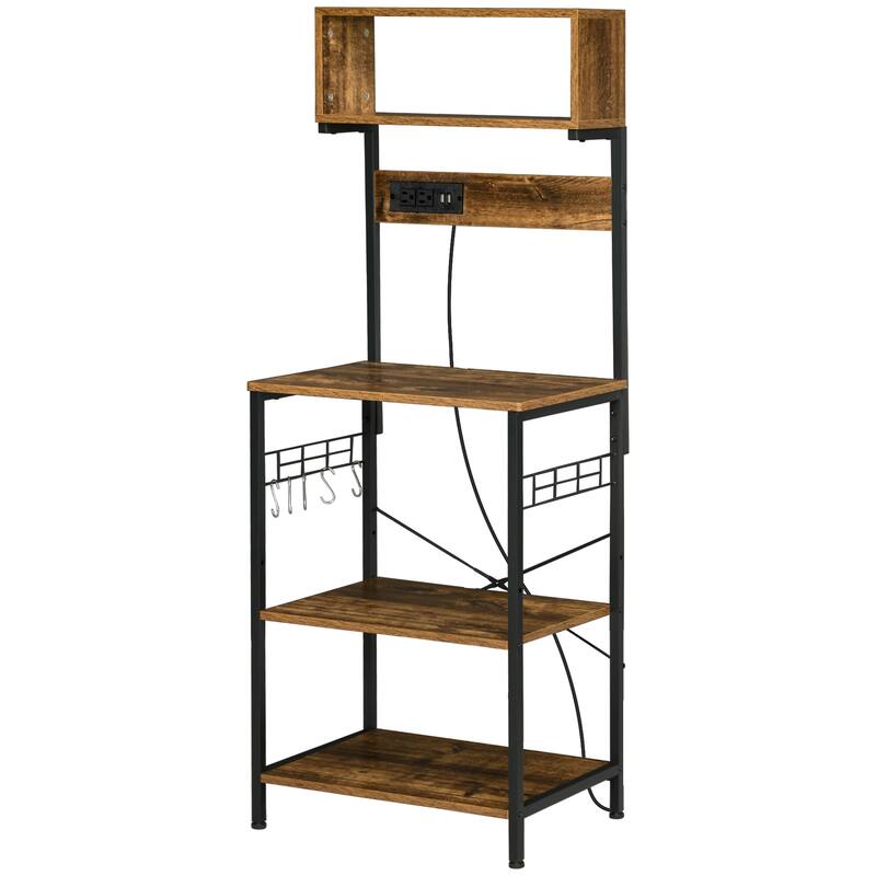 Kitchen Bakers Rack with Power Outlet, USB Charger, Microwave Stand, Coffee Bar with Adjustable Shelves
