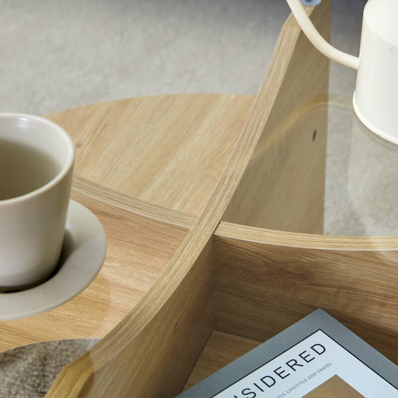 GDFStudio Marcellus Tempered Glass Coffee Table with Wood Legs and Fan-Shaped Pedestal Design