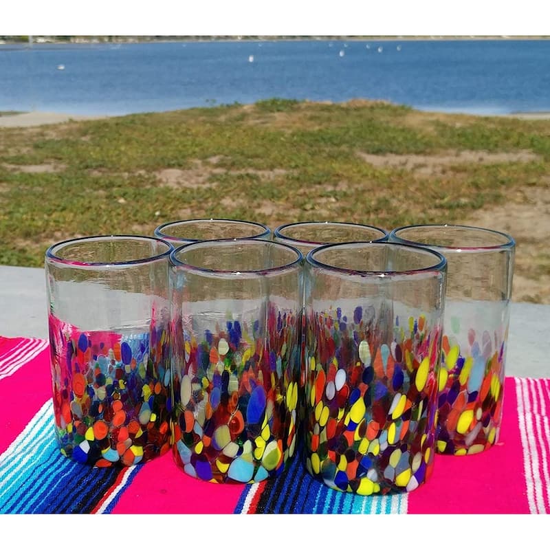 Dos Suenos Hand Blown Mexican Drinking Glasses - Set of 6 Confetti Carmen Design Glasses (14 oz each)