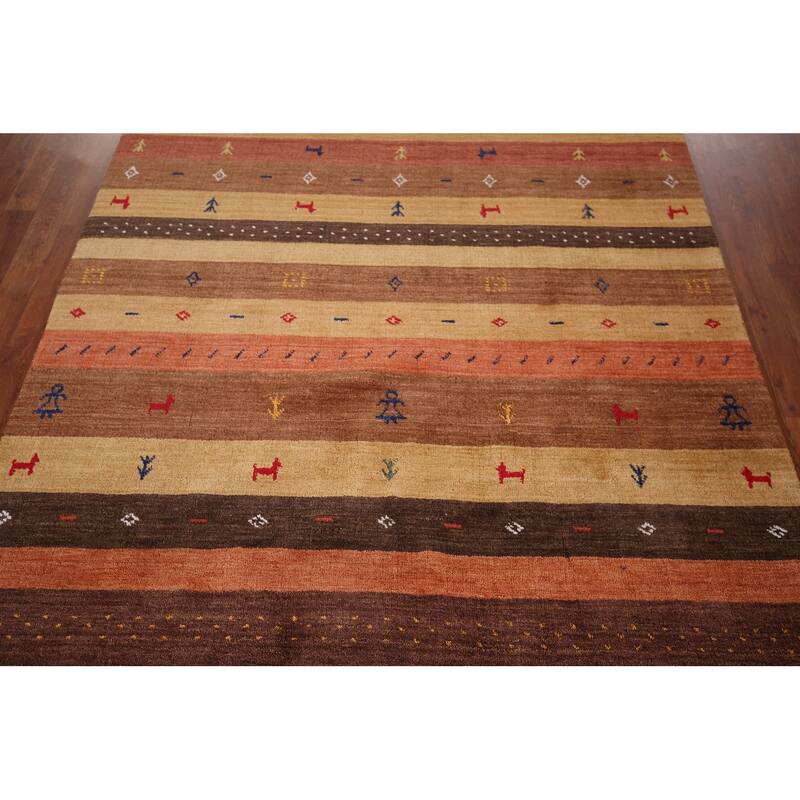 Striped Gabbeh Indian Area Rug Hand-Knotted Wool Carpet - 5'3"x 7'10"