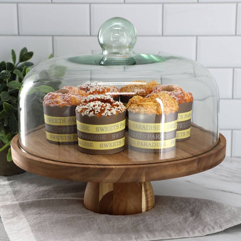 MegaChef Acacia Wood Multi-Function Cake Stand with Glass Dome Lid