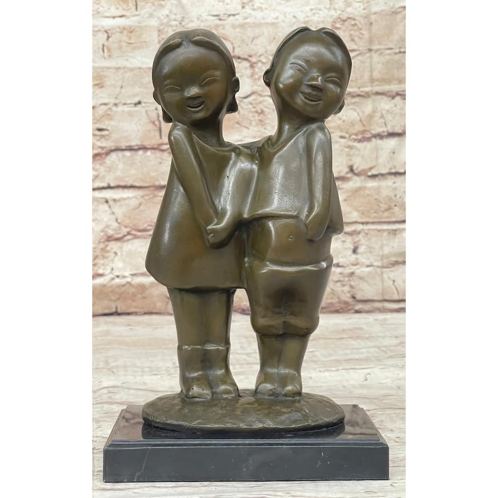 Chinese Children Brother And Sister Posing For Picture Collectible Bronze Sculpture By Zhang