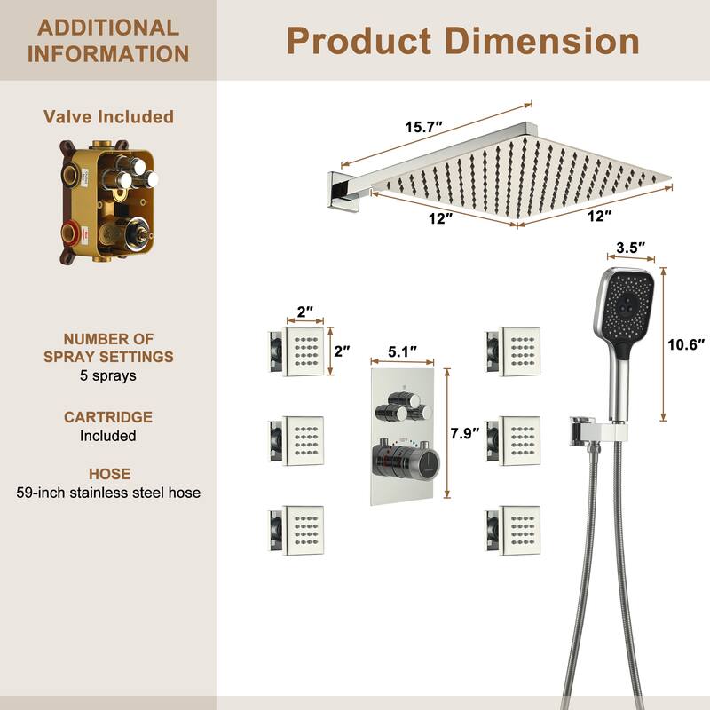 Wall Mount 12 Inch Rainfall Shower Head 3 Function Thermostatic Shower System with 6 Body Jets