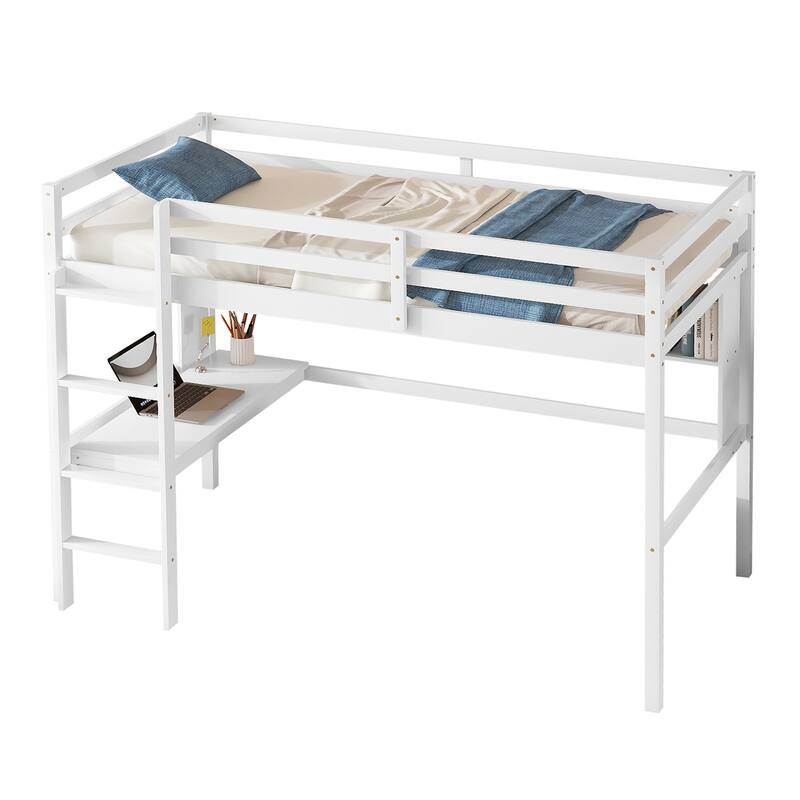 Twin Loft Bed with Desk, Shelves, Safety Guardrail, and Ladder, White