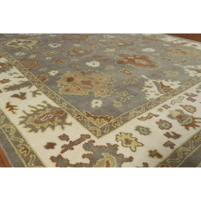 Gray Oushak Indian Area Rug Hand-Knotted Transitional Wool Carpet - 8'1" x 10'2" - Grey - 8'1" x 10'2"