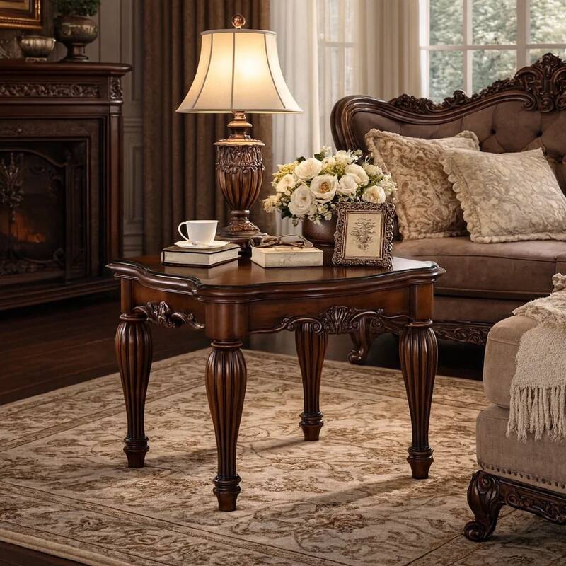 Wooden End Table with Carved Details, Cherry Brown