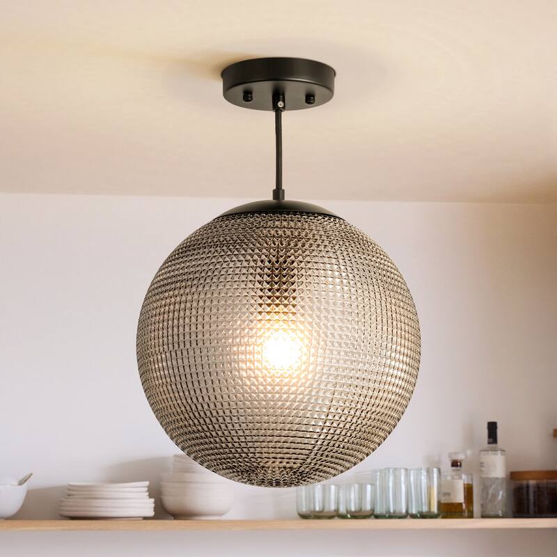 1-Light Modern Indoor Matte Black Finish Kitchen Island Pendant Lights with Globe Diamond Textured Grey/Clear Glass Shade - Grey
