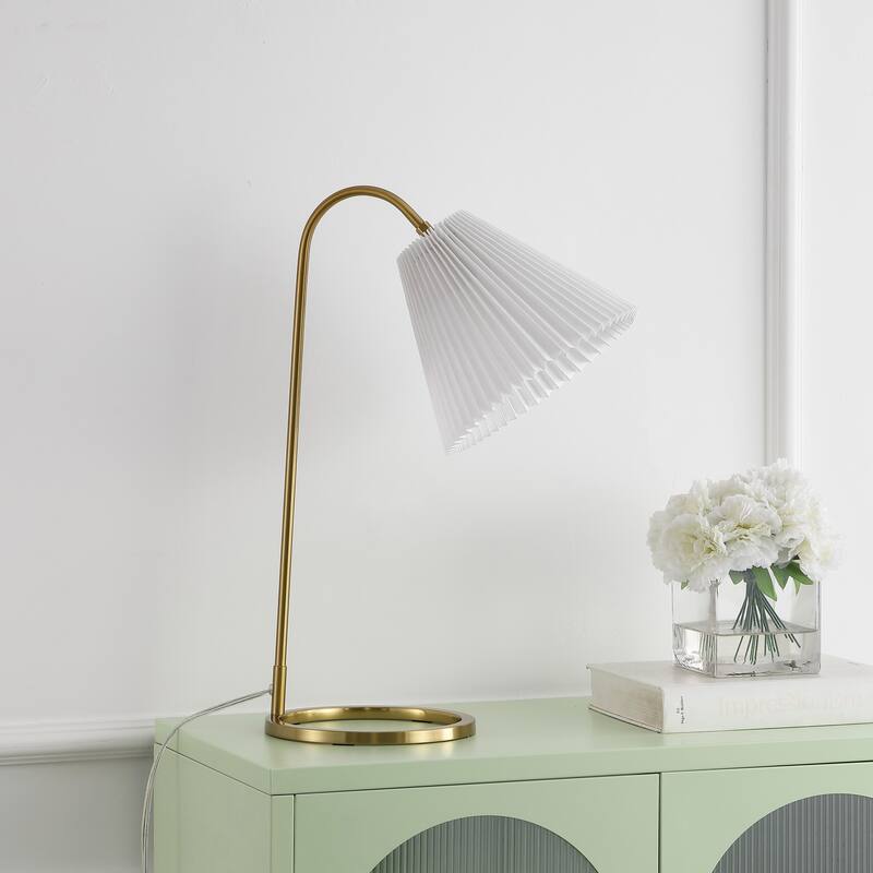 Devon 22" Modern Glam Metal Arc Adjustable Head LED Table Lamp with Pleated Shade, Brass Gold/White, by JONATHAN Y